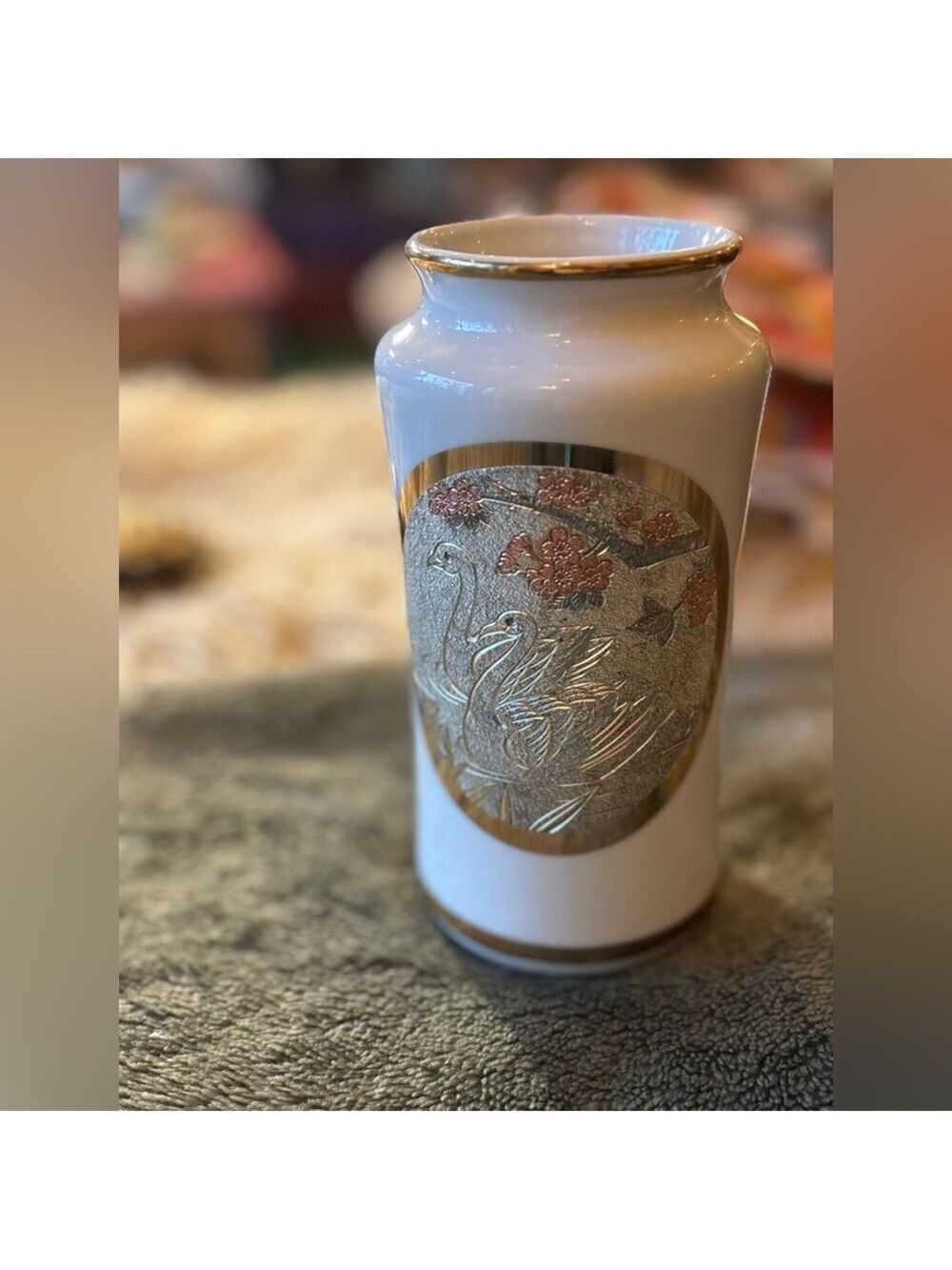 VINTAGE Japanese Chokin Art Vase • 24K Gold Swan Relief • Porcelain • EUC - Picture 13 of 15